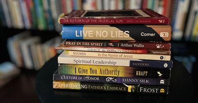 A stack of books that the men studied.